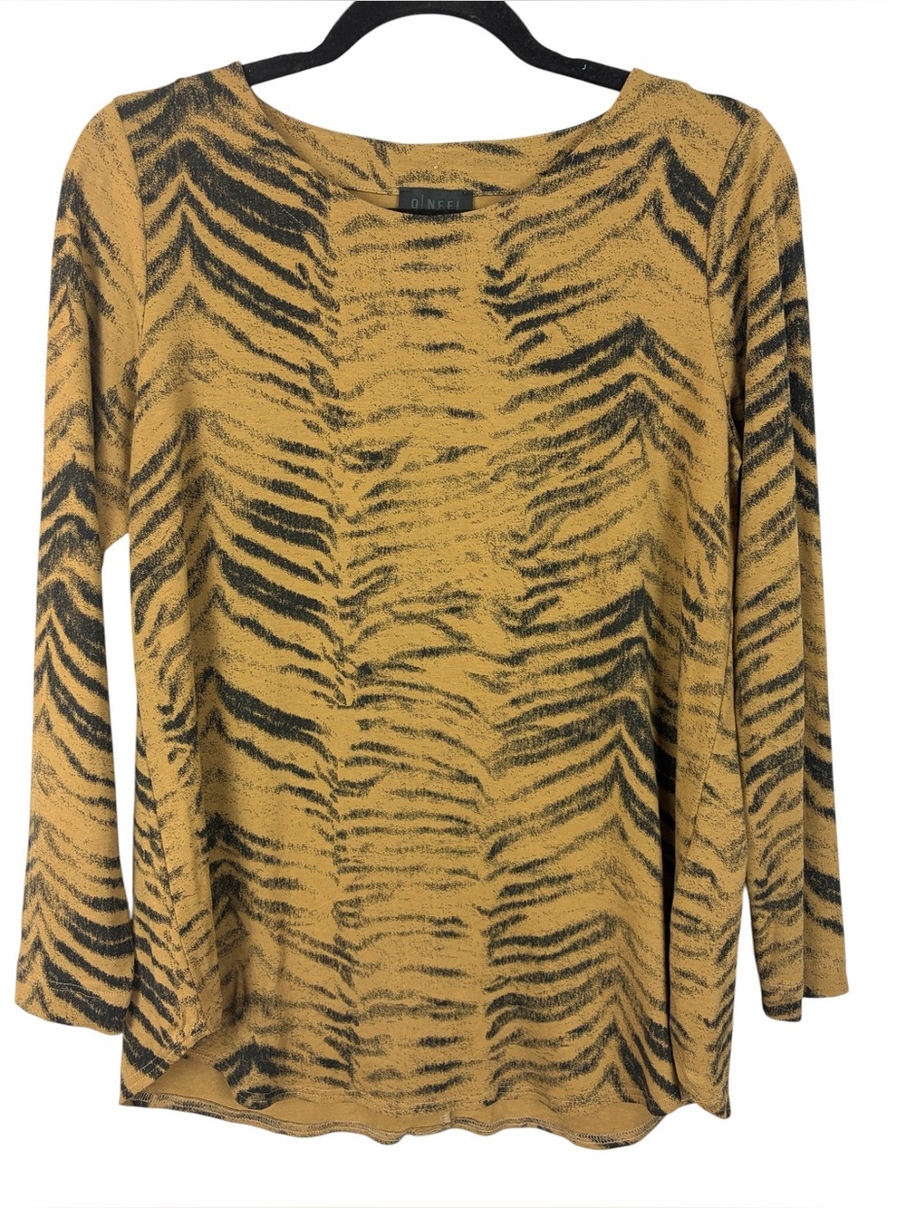 QNeel Nordic Design Animal Print Knit Top Mustard & Black Long Sleeve Size 8